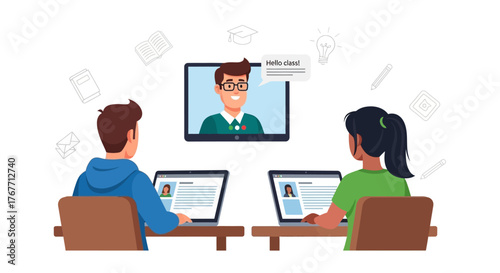 Students attending a virtual online class with a teacher on a video conference call concept