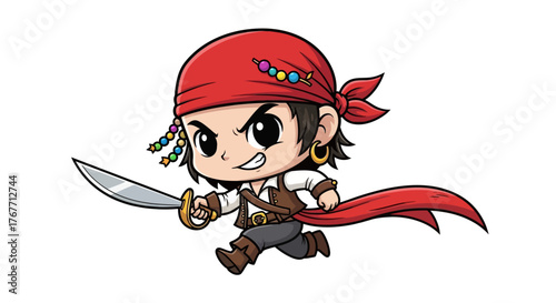 Cartoon Pirate Boy Character Mascot with Sword Ready for Adventure on the High Seas