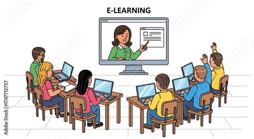 Engaging online learning classroom with diverse students participating in virtual lesson session