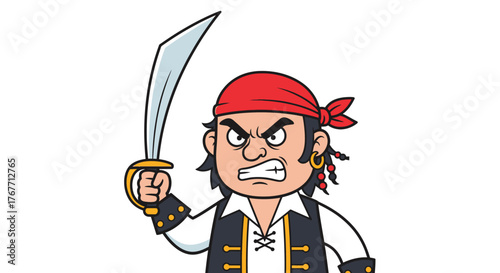 Cartoon pirate character wielding a curved sword with an angry expression ready for adventure