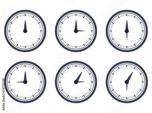 Vector illustration of six clock faces showing different time