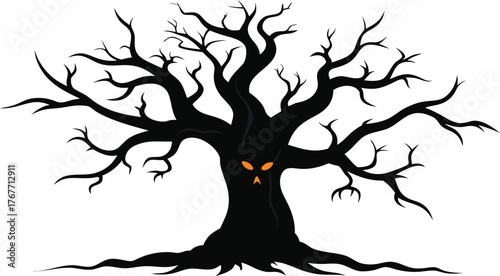 Spooky silhouette of a bare tree with glowing eyes