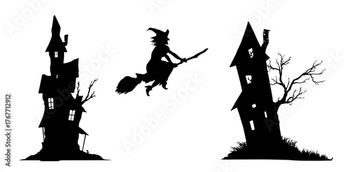 Witch flying on broom between haunted houses silhouette