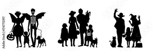Families in Halloween costumes with children and pets silhouette