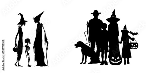 Witch family and children holding pumpkins silhouette
