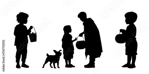 Children in Halloween costumes with candy buckets and dog silhouette