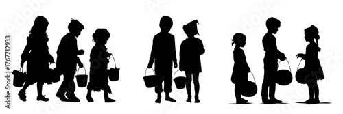 Children in Halloween costumes holding candy buckets silhouette