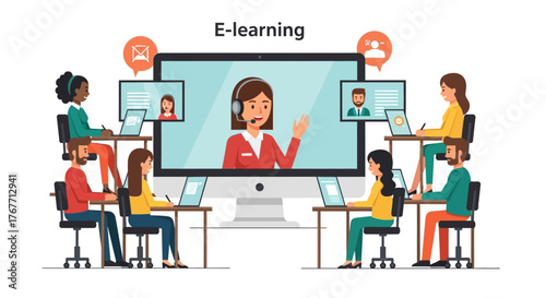 Diverse students engaging in interactive virtual education platform with instructor