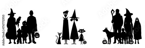 Families in Halloween costumes with children and pets silhouette