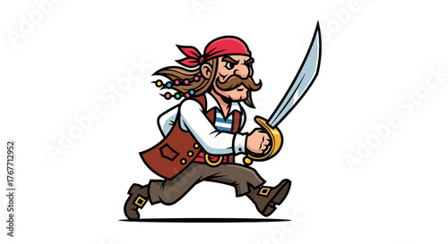 Cartoon pirate character running with sword against a white background vibrant design