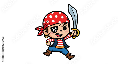 Cartoon pirate character with eye patch and sword embodying youthful seafaring adventure