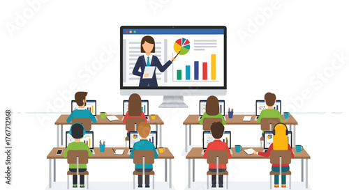Engaging online business class presentation featuring data charts and distant learning concepts
