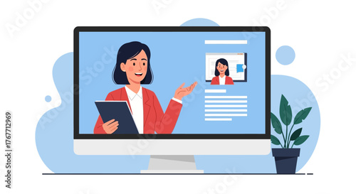 Online tutorial session with professional woman in red suit giving remote instruction