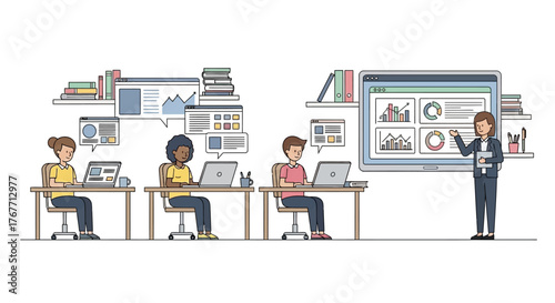 Data analysis and presentation training session for diverse team in modern classroom concept