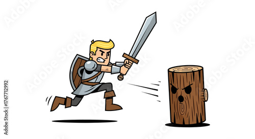 Brave knight charging with sword towards a menacing wooden log in a fantasy landscape adventure