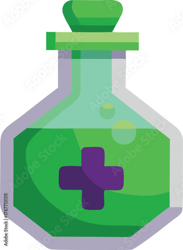 Green potion bottle with purple cross symbol for health or healing