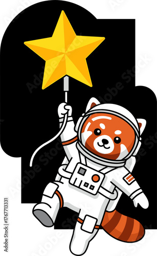 A charming illustration of a red panda astronaut holding a golden star against a dark space background, perfect for Christmas or natal themes.