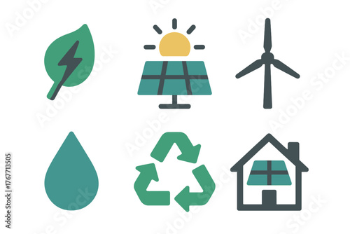 Modern flat icons set representing renewable energy, ecology, and sustainability concepts