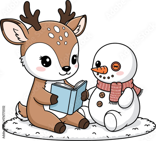 A charming illustration of a reindeer and a snowman sharing a book together, creating a heartwarming scene perfect for the holiday season and Christmas celebrations.