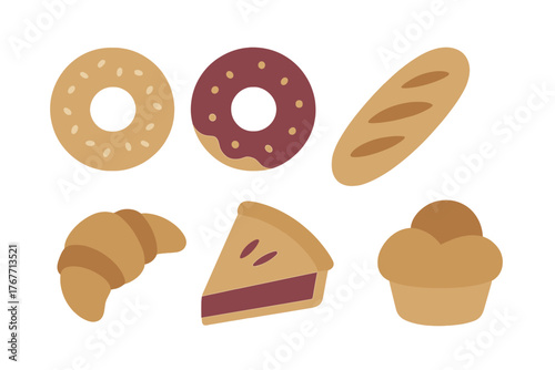 Assortment of popular baked goods icons including bagel, donut, croissant, bread, pie, and muffin