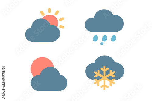 Minimalist set of four weather icons depicting various atmospheric conditions like sun, rain, and snow