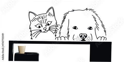 Wall sticker. Graphic, artistic, sketch drawing of a cat and a dog looking at a table on a white background.icon.
