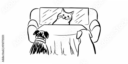 Wall sticker. Graphic, artistic, sketch drawing of a cat and a dog looking at a table on a white background.icon.
