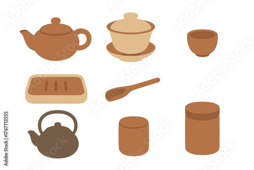 Collection of traditional clay tea ceremony utensils including teapots cups and containers