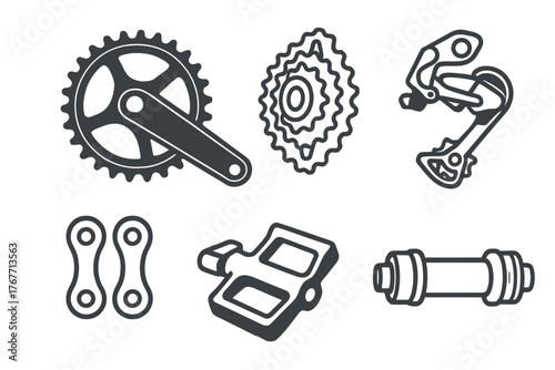 Set of essential bicycle components including crankset, cassette, derailleur, and pedal icons