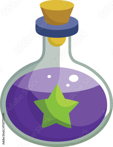 Magical purple potion with a green star inside a glass bottle