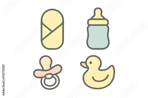 Essential collection of newborn baby items: swaddle, feeding bottle, pacifier, and rubber duck toy
