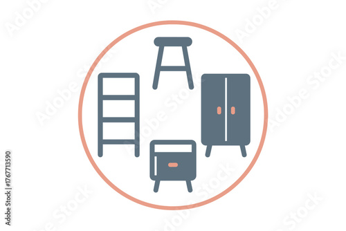 Modern household furniture collection featuring shelving unit, stool, nightstand, and cabinet in a circular frame