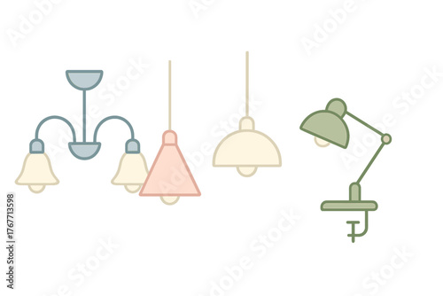Collection of modern and vintage lighting fixtures including chandelier, pendant, and desk lamps