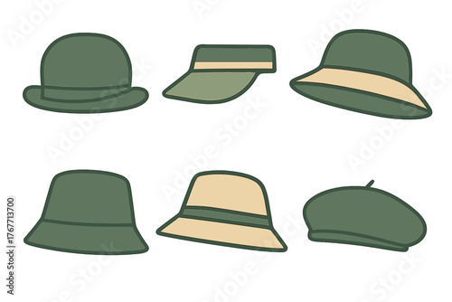Six different types of casual and formal headwear in muted green and beige tones