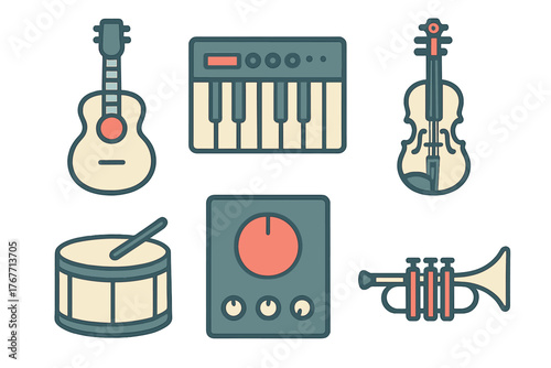 Colorful icons set of musical instruments and audio production equipment