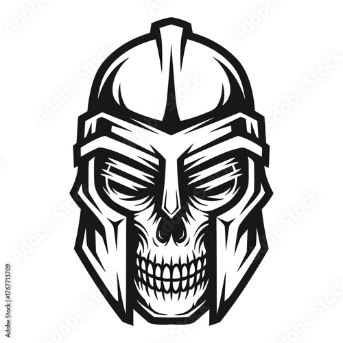 Illustration of a skull wearing a gladiator helmet isolated on white background, portraying a fusion of mortality and ancient warrior culture in monochrome