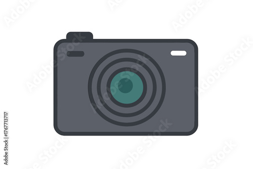 Minimalist compact digital camera in dark gray and teal on a clean white background