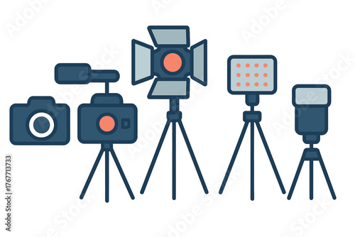 Professional photography and videography gear set including cameras, tripods, studio lights, and external flashes