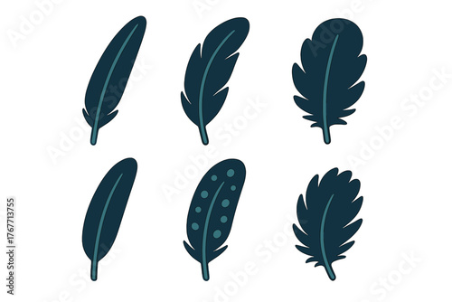 Six stylized dark blue bird feathers in various shapes and patterns on white background