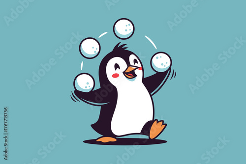 Cute Penguin Juggling Snowballs with Skill and Joy.