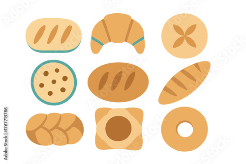 Assortment of fresh baked goods including bread loaves, croissant, cookie, and bagel