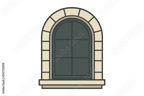Classic arched window frame with decorative stone trim and dark glass panes