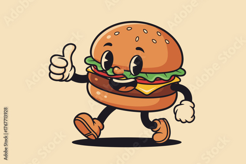 Retro Cartoon Hamburger Mascot Giving Thumbs Up Gesture.