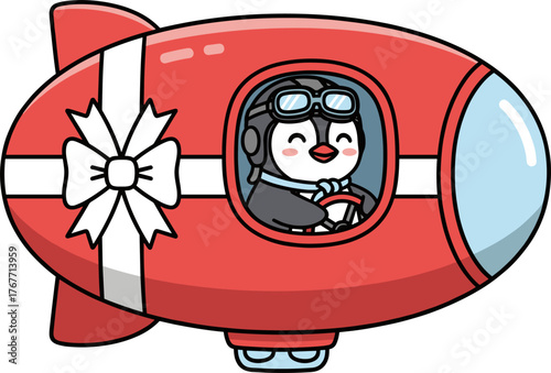 A cheerful penguin pilot navigates a festive red airship adorned with a white bow, celebrating the joyful season of Christmas with holiday spirit.