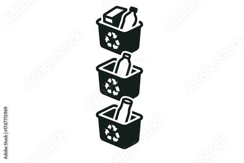 Vertical stack of recycling bins containing sorted waste like plastic bottles and paper cartons