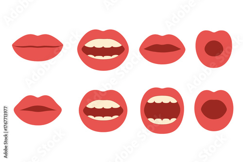 Eight different mouth shapes and lip positions for sound and speech articulation