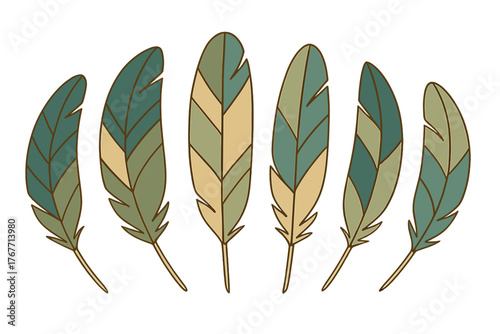 Stylized decorative feather set in muted earthy colors on white background