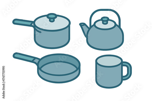 Essential camping and kitchen cookware collection: saucepan, frying pan, kettle, and mug