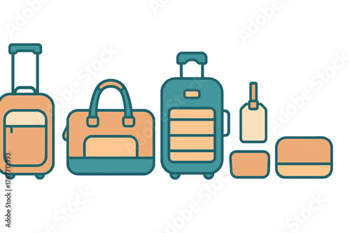 Colorful collection of travel luggage bags including suitcases, duffel bag and accessories