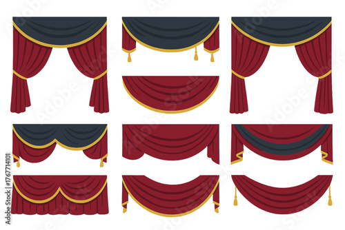 Luxurious red and dark gray theater stage curtains and drapes with gold trim and tassels